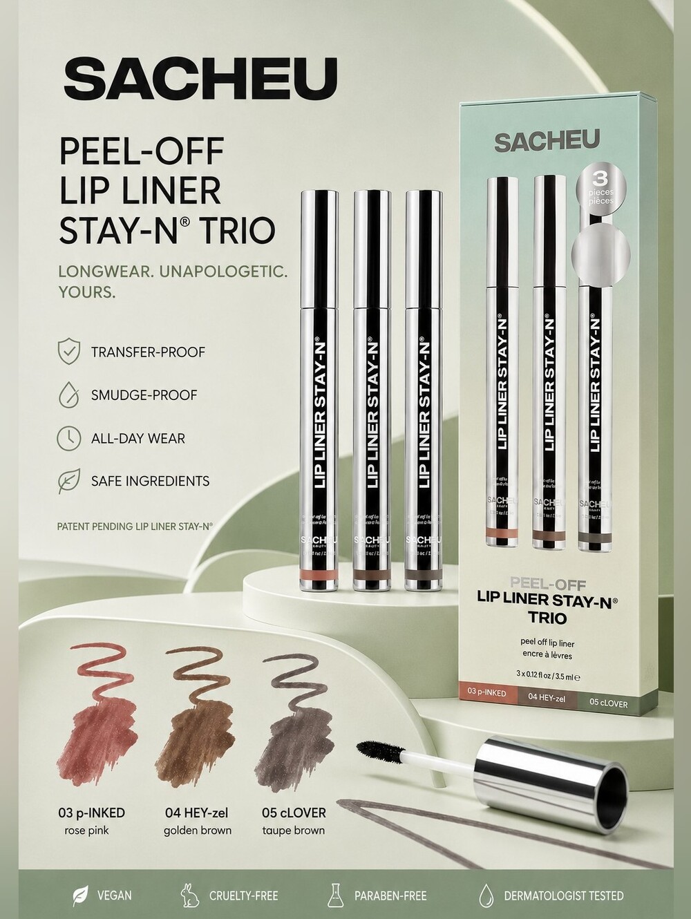 Sacheu Peel-Off Lip Liner Stay-N Trio Set (03 p-INKED, 04 HEY-zel, 05 cLOVER)